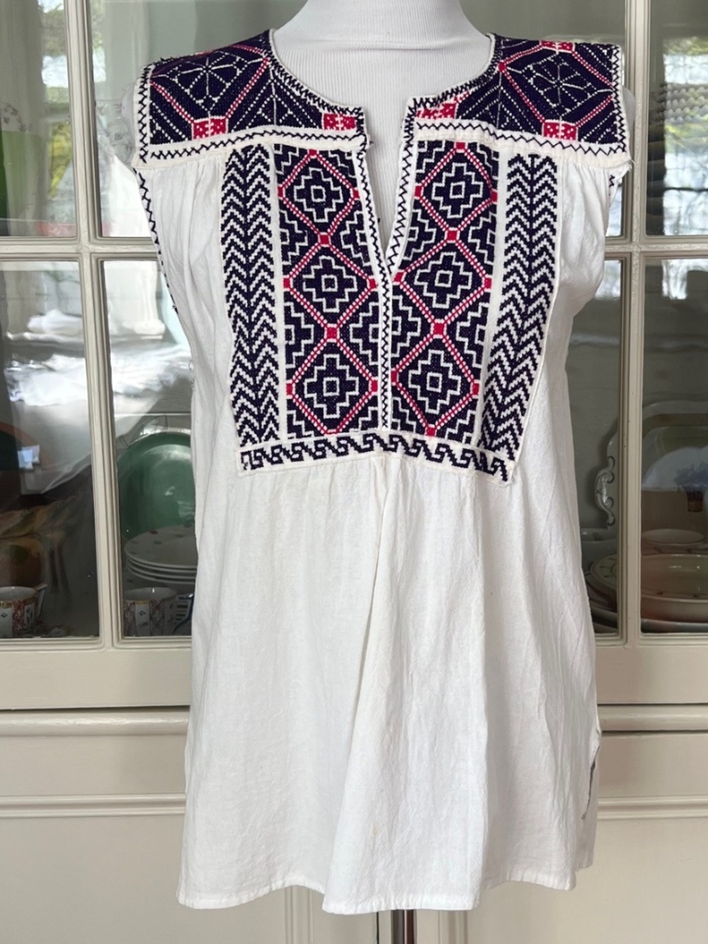 Vintage Hand Embroidered Mexican Style Cotton Blouse, Size M V vr_719 (620) 100%
